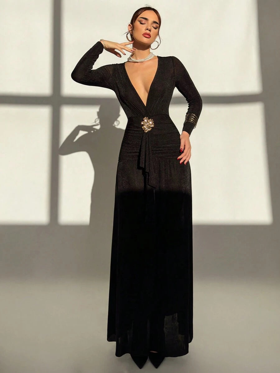 SHEIN Aloruh فستان اسود بياقة متدلية مزين