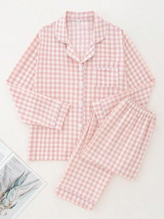 SHEIN طقم بيجامة قطعتين بأكمام طويلة وبنطلون فضفاض