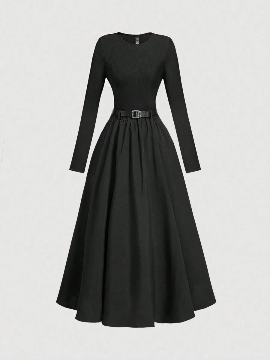 SHEIN MOD فستان اسود طويل الأكمام مع حزام