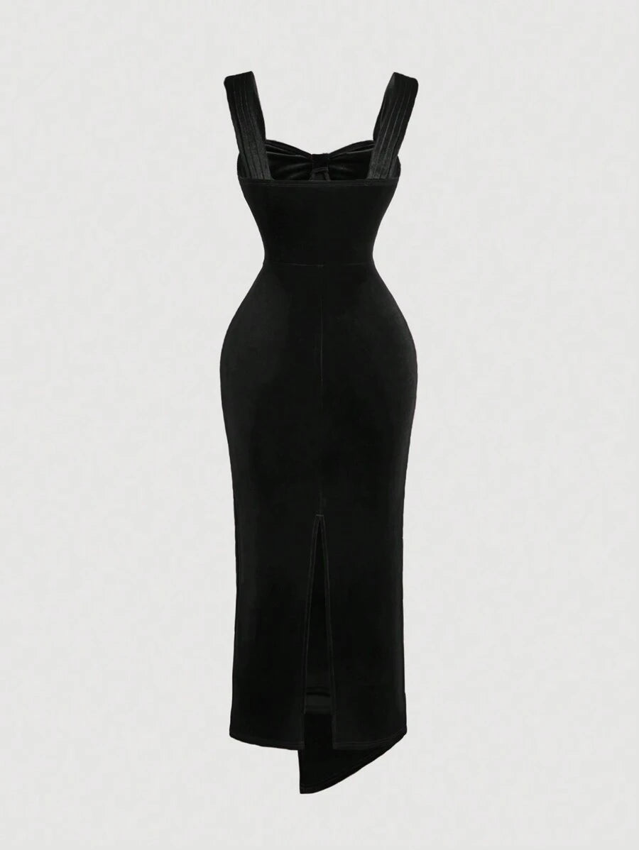 SHEIN MOD فستان أنيق ذو لفة أمامية، بحمالات واسعة بلون أسود