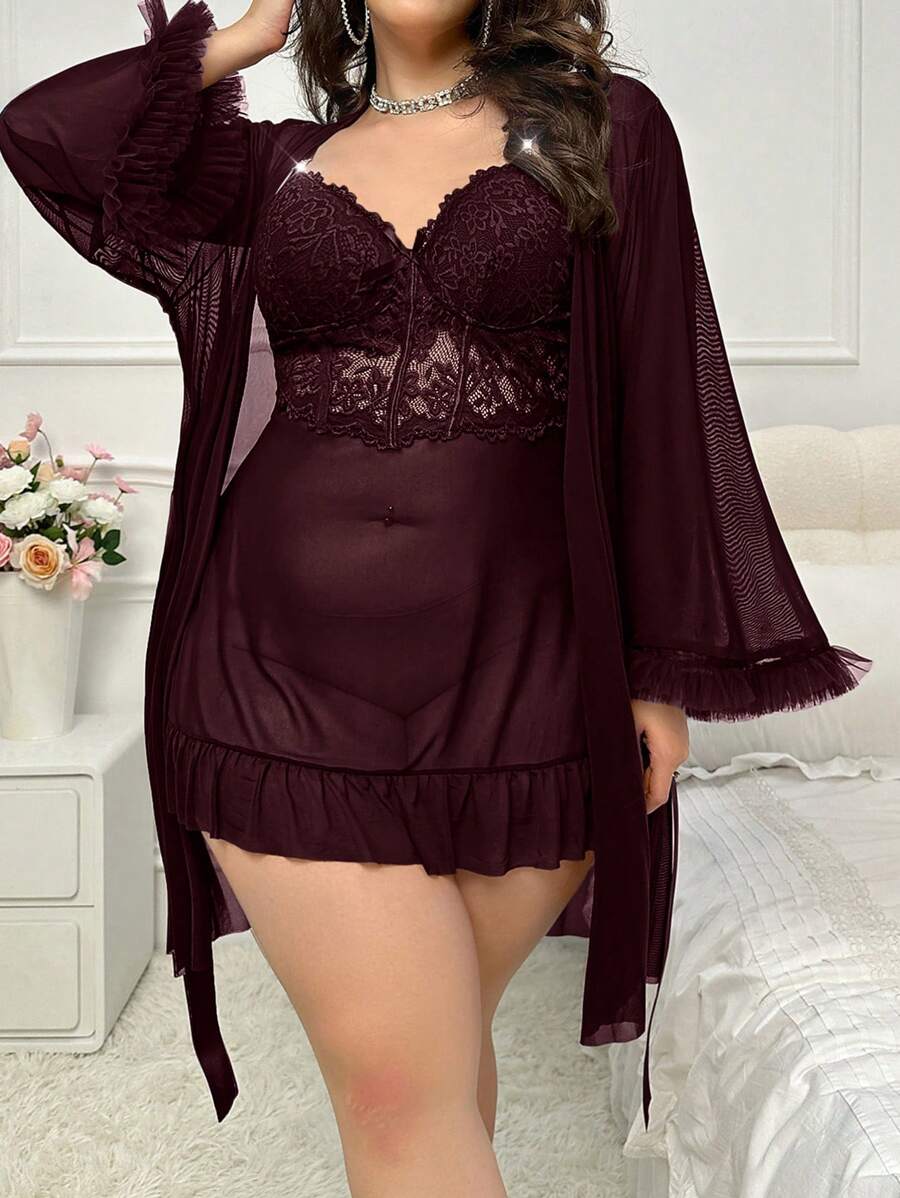 SHEIN طقم فانيلة نوم ورداء شبكي بأكمام منفرجة