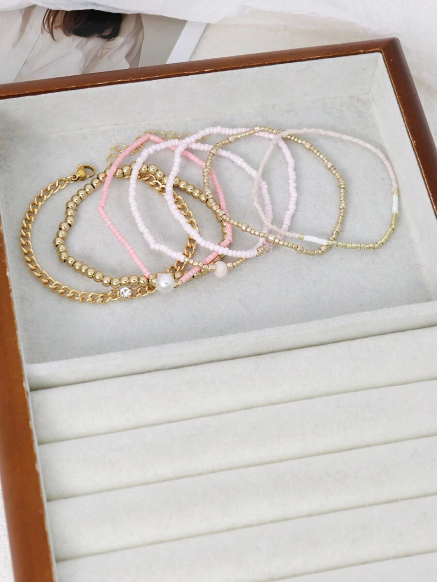 SHEIN مجموعة أساور 7 قطع مطلية بالذهب والوردي بخرز