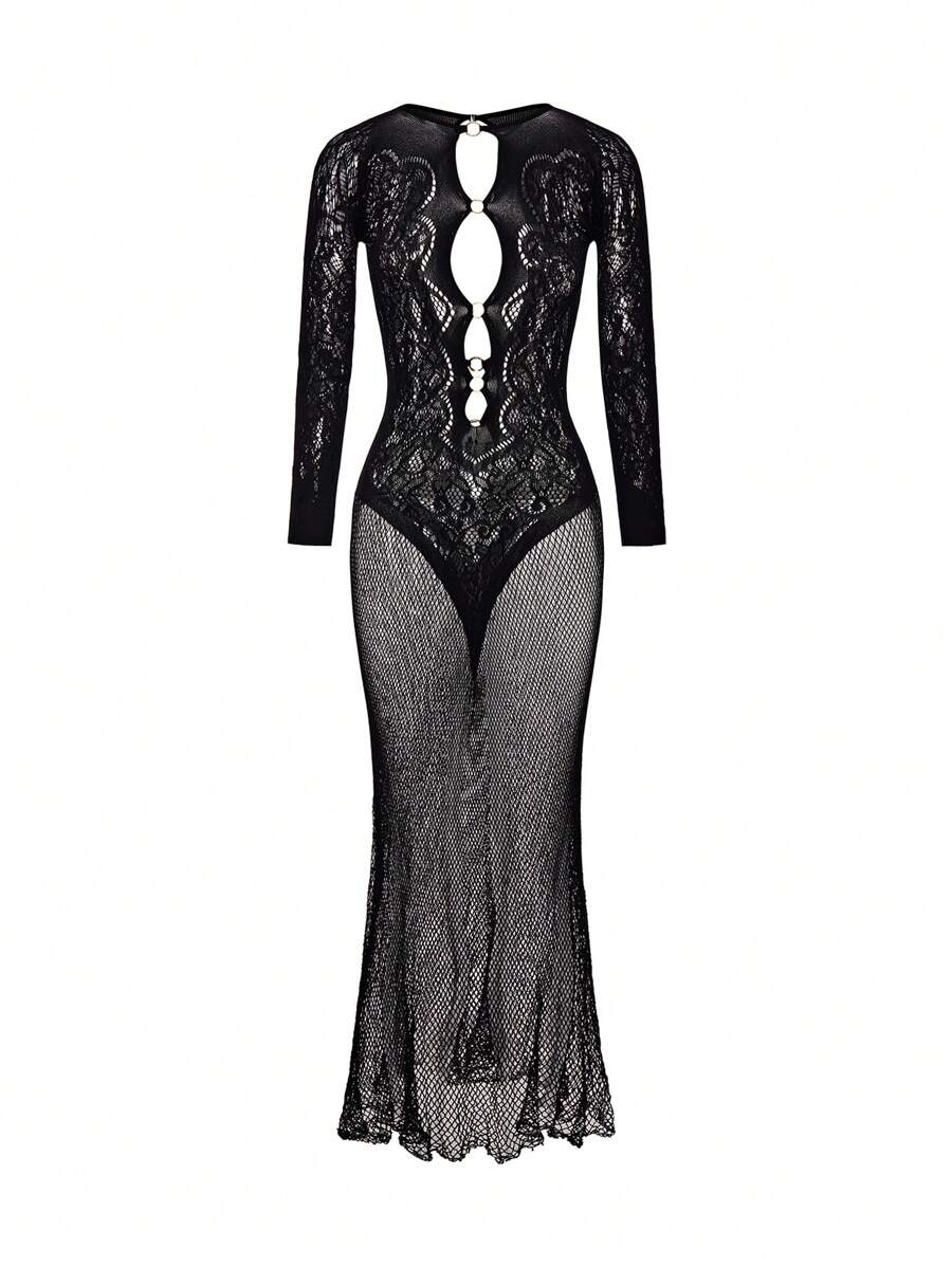 SHEIN ChaseTheNight فستان لانجري سهرة أسود طويل شفاف
