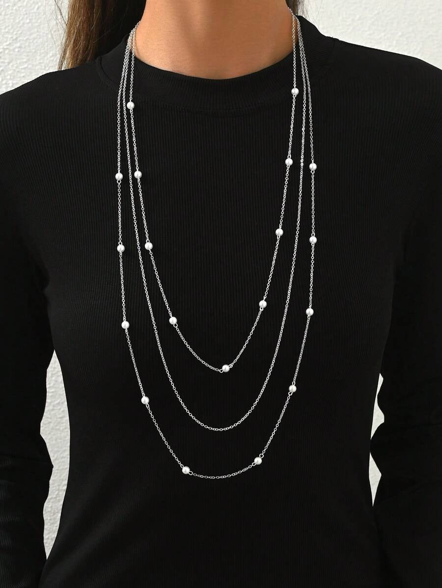 SHEIN قلادة فضية خرز صناعي بتصميم هندسي