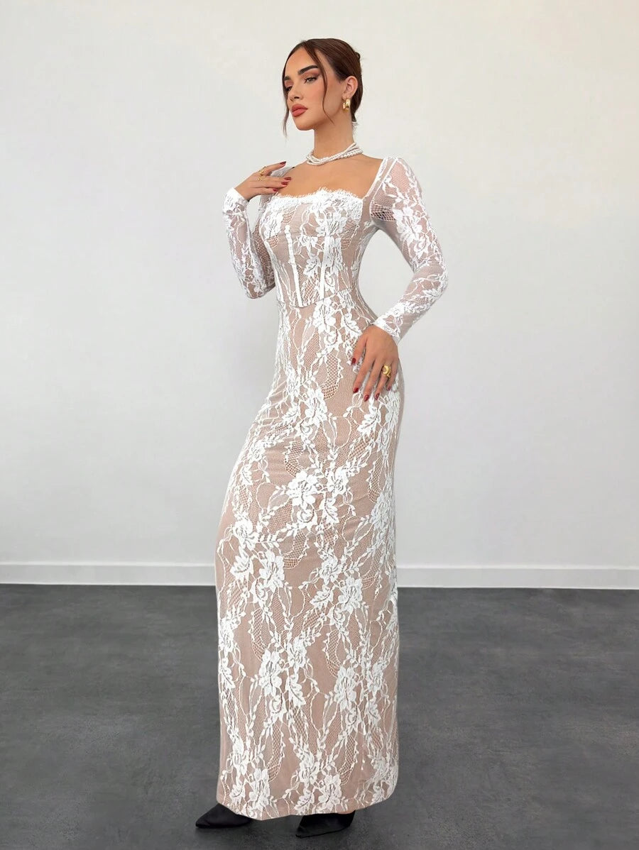 SHEIN Aloruh فستان طويل دانتيل ضيق بأكمام طويلة