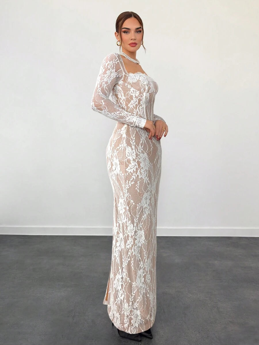 SHEIN Aloruh فستان طويل دانتيل ضيق بأكمام طويلة