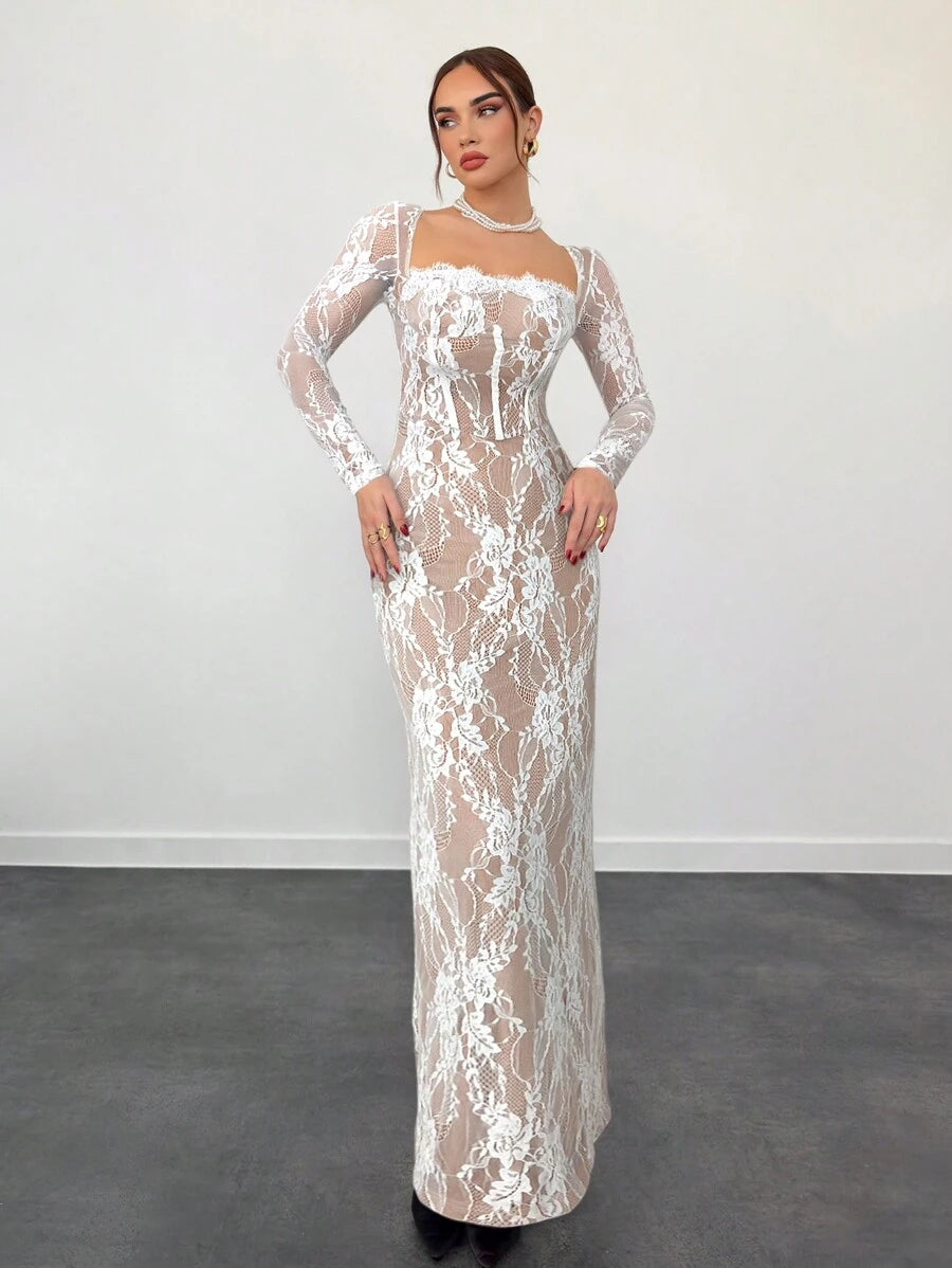 SHEIN Aloruh فستان طويل دانتيل ضيق بأكمام طويلة