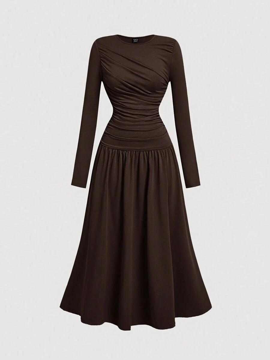 SHEIN MOD فستان بني مكرمش كاجوال