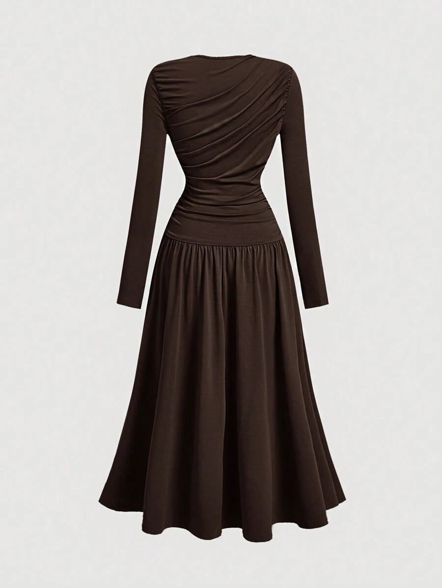 SHEIN MOD فستان بني مكرمش كاجوال