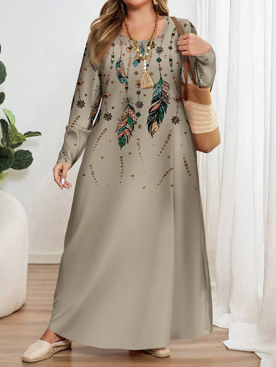 SHEIN EMERY ROSE فستان ماكسي بطبعة كاملة وياقة مستديرة بمقاسات كبيرة