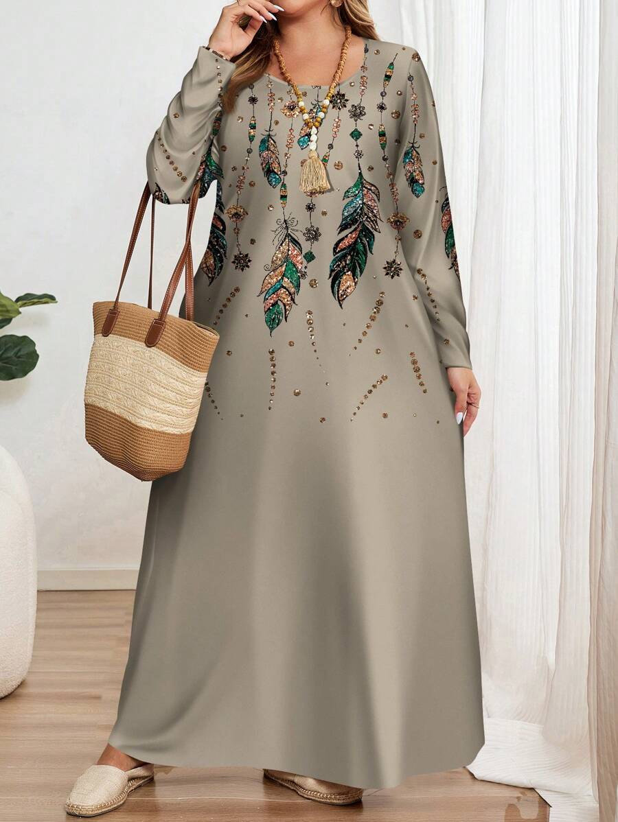 SHEIN EMERY ROSE فستان ماكسي بطبعة كاملة وياقة مستديرة بمقاسات كبيرة