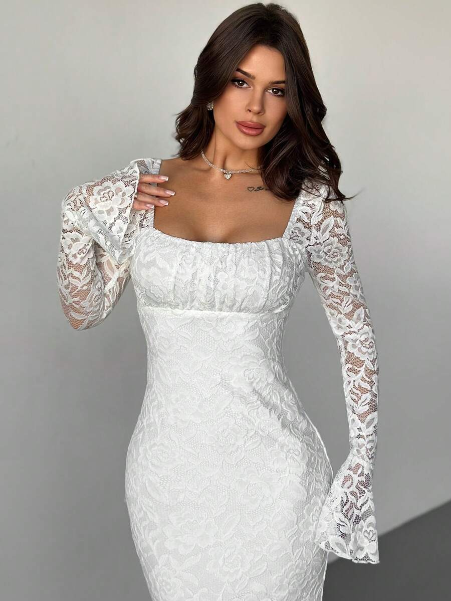 SHEIN Firerie فستان ابيض بياقة مربعة ودانتيل وكشكشة