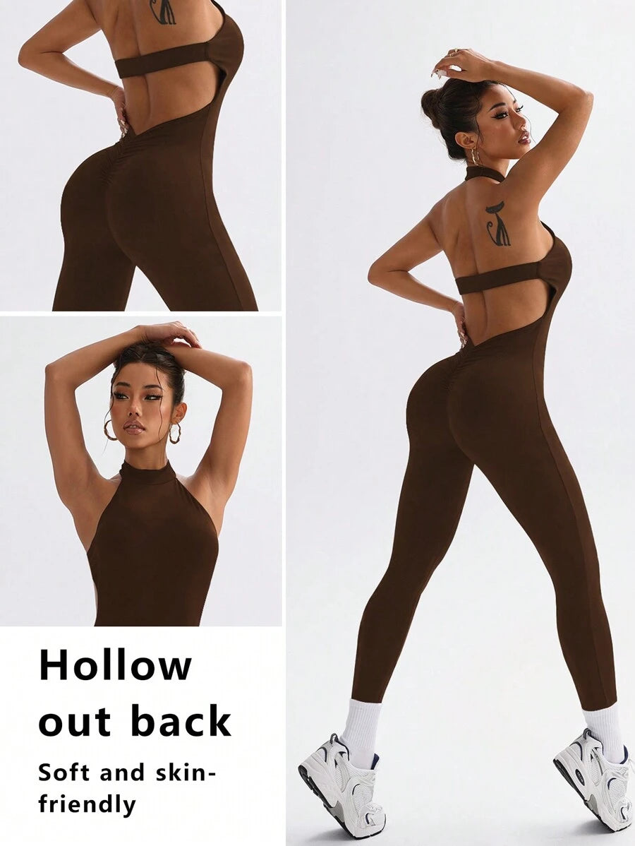 SHEIN FWH جمبسوت رياضي بني ضيق وظهر مكشوف