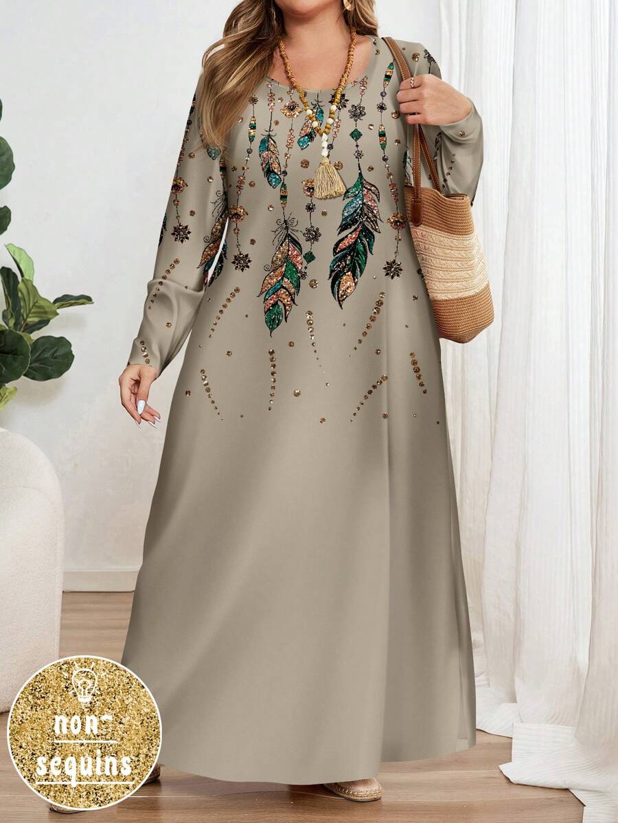 SHEIN EMERY ROSE فستان ماكسي بطبعة كاملة وياقة مستديرة بمقاسات كبيرة