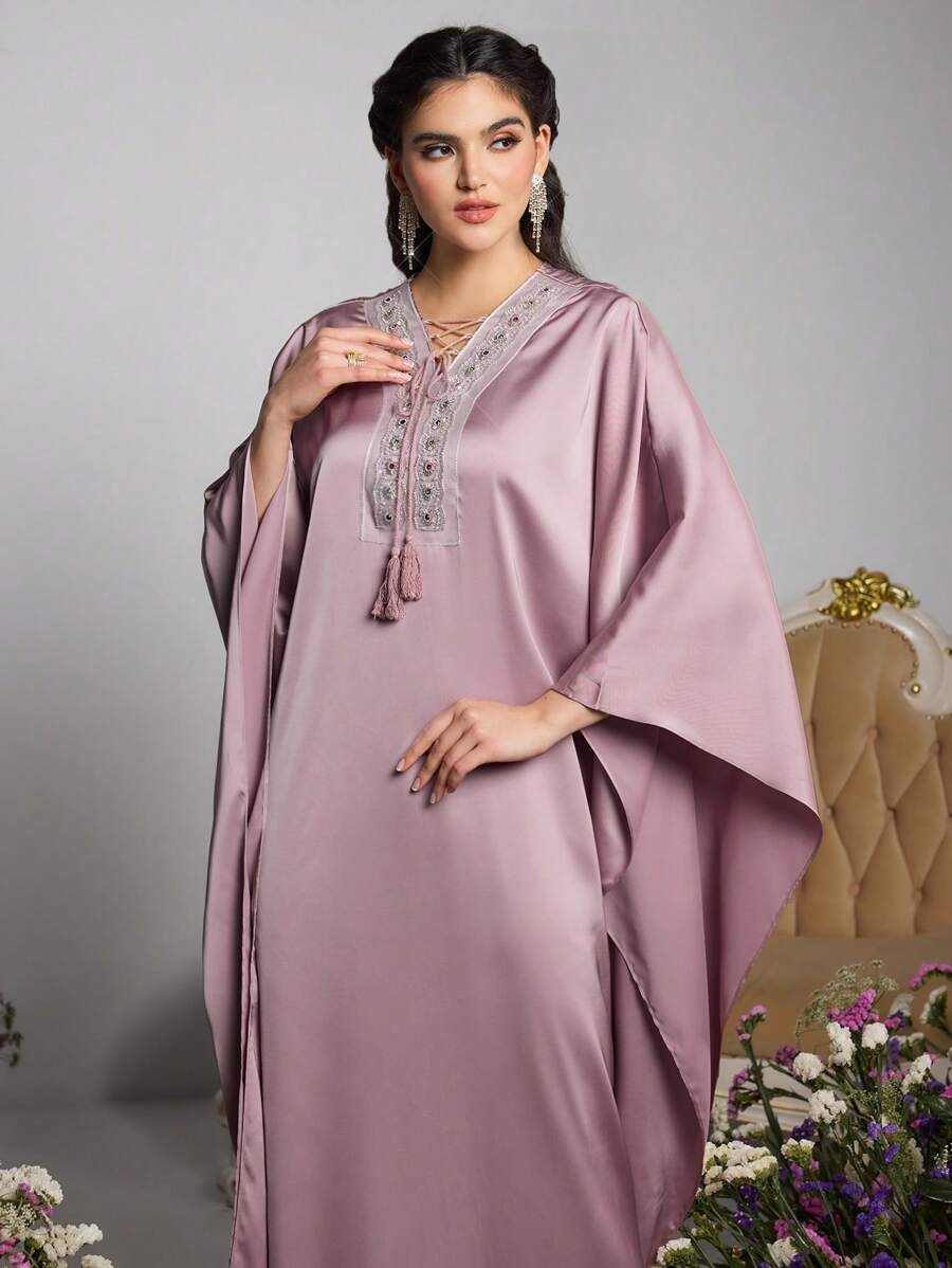 SHEN Al Najma فستان طويل بتصميم وتطريز عربي بلون كشميري