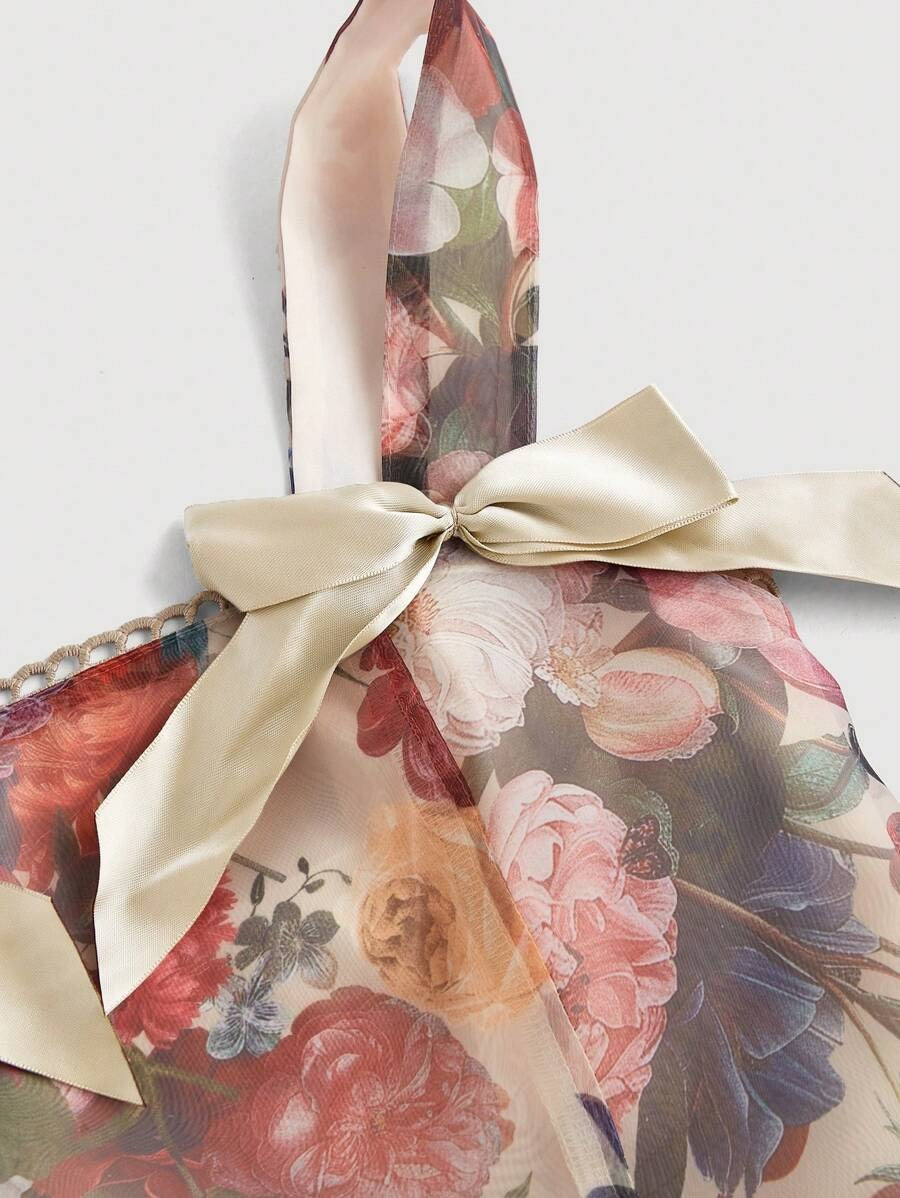 SHEIN MOD فستان طويل بطبعة زهور خوخية مع عقدة