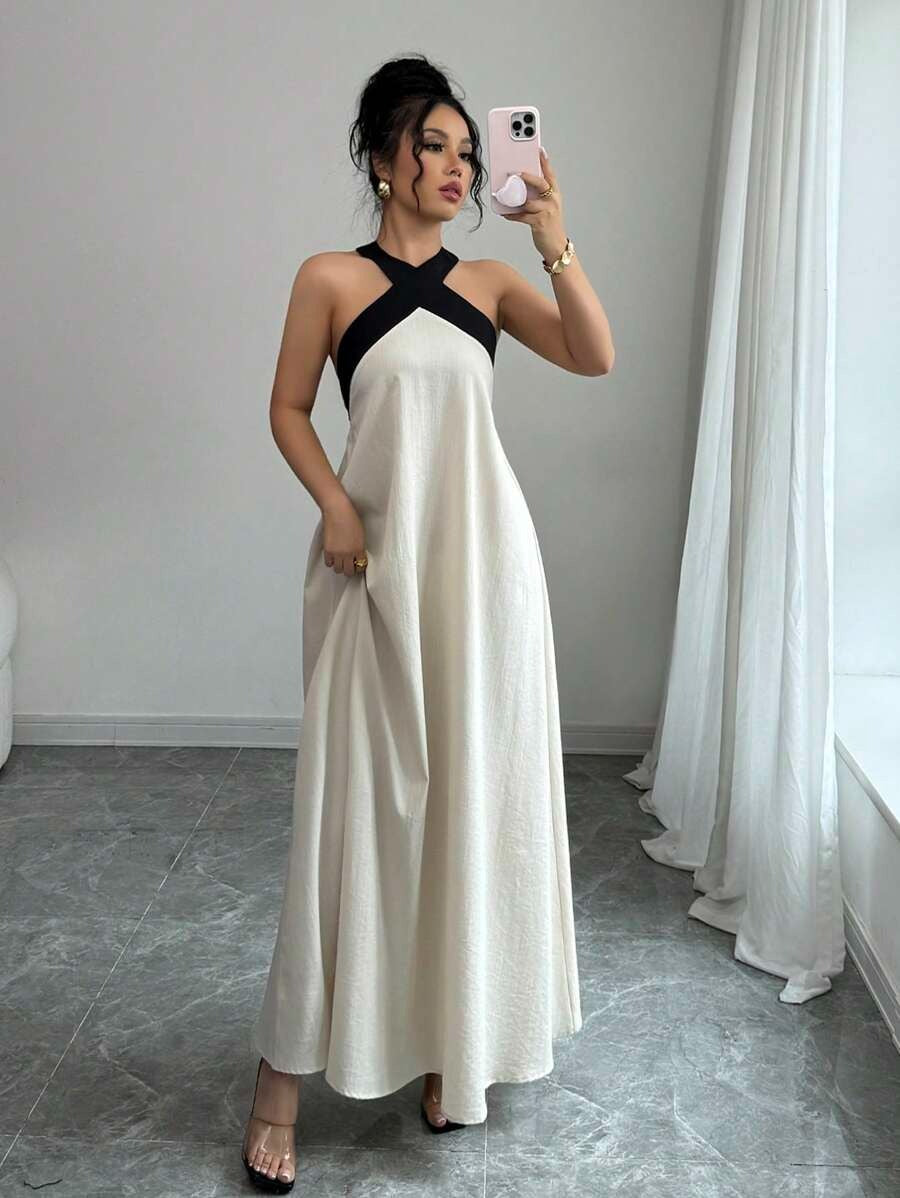 SHEIN Rafferiza فستان ماكسي أنيق بلون كاكي بدون أكمام وظهر مكشوف