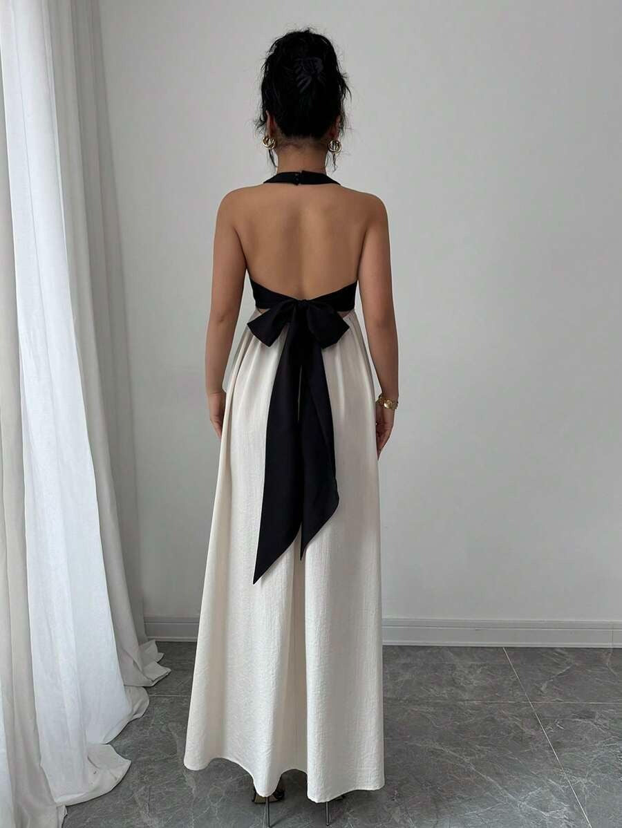SHEIN Rafferiza فستان ماكسي أنيق بلون كاكي بدون أكمام وظهر مكشوف