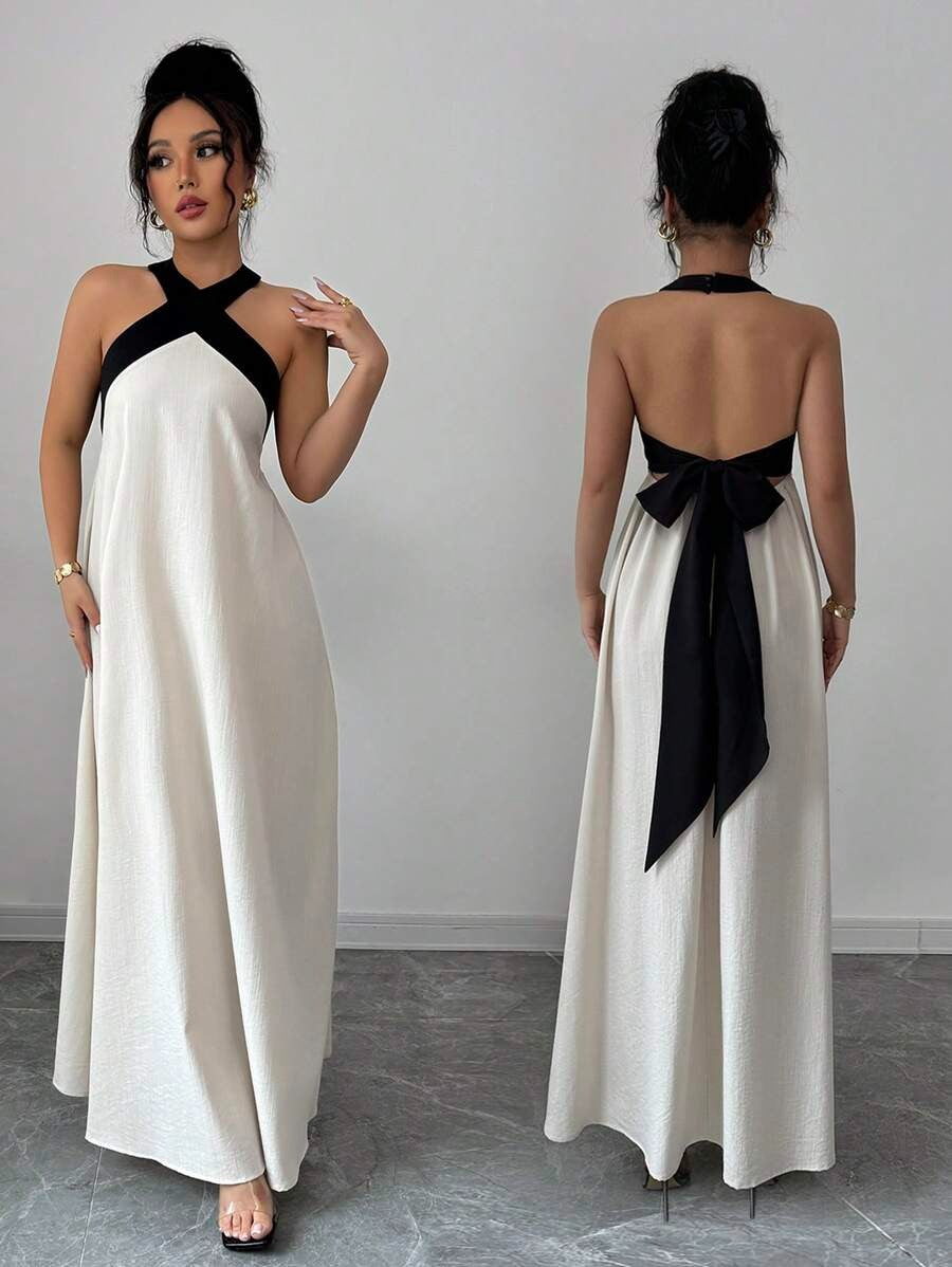 SHEIN Rafferiza فستان ماكسي أنيق بلون كاكي بدون أكمام وظهر مكشوف