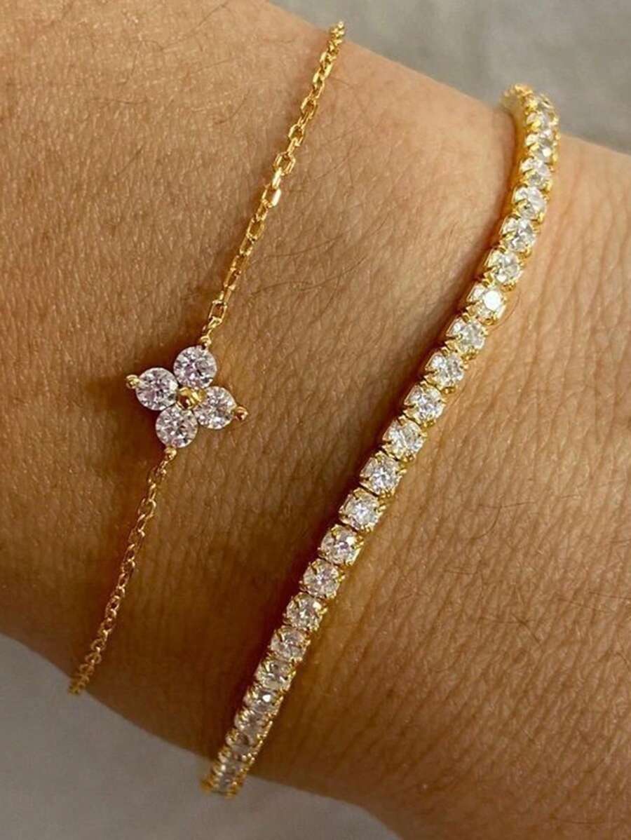 SHEIN مجموعة أساور قطعتين ذهبية مزينة بالأزهار