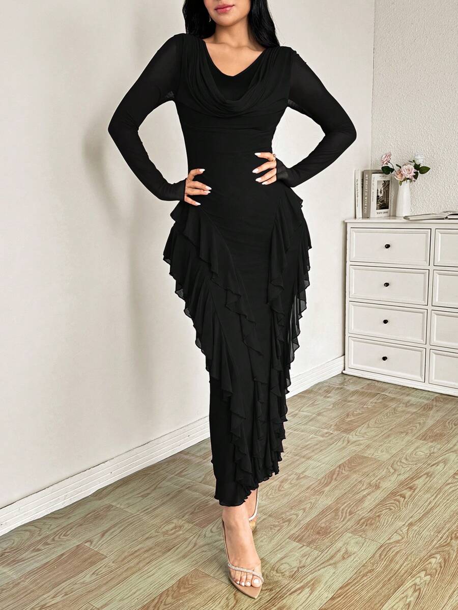 SHEIN Modelyn فستان اسود بياقة مكشكشة وتنورة متسعة