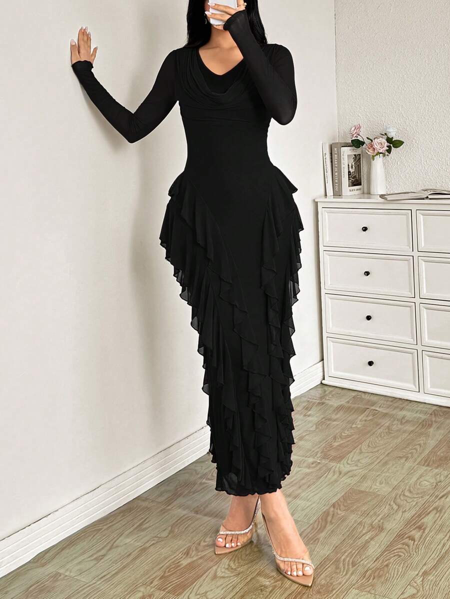 SHEIN Modelyn فستان اسود بياقة مكشكشة وتنورة متسعة