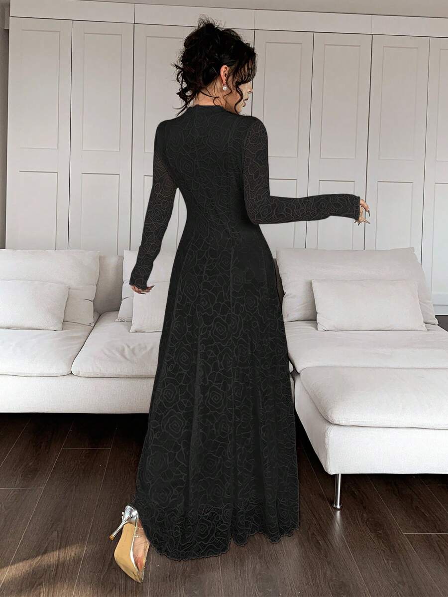 SHEIN Modelyn فستان اسود طويل من الدانتيل