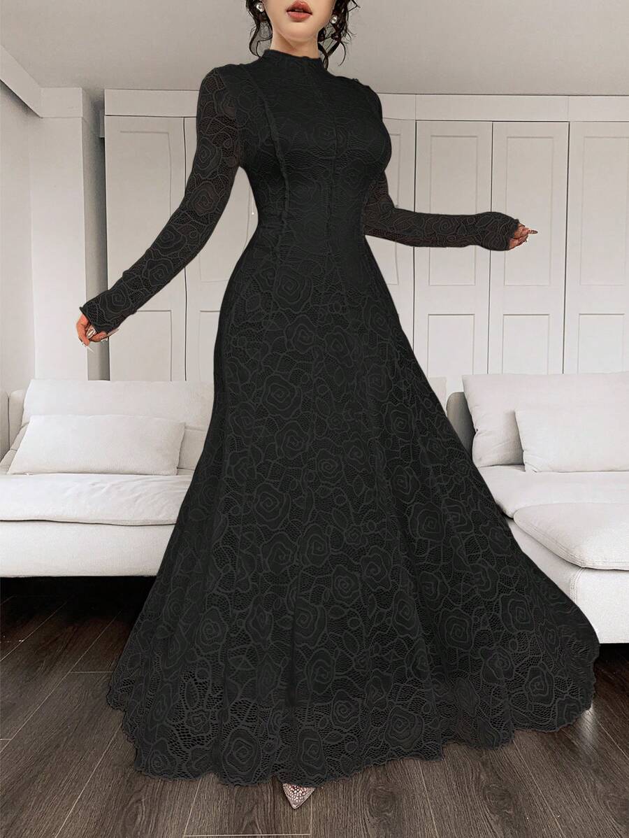 SHEIN Modelyn فستان اسود طويل من الدانتيل
