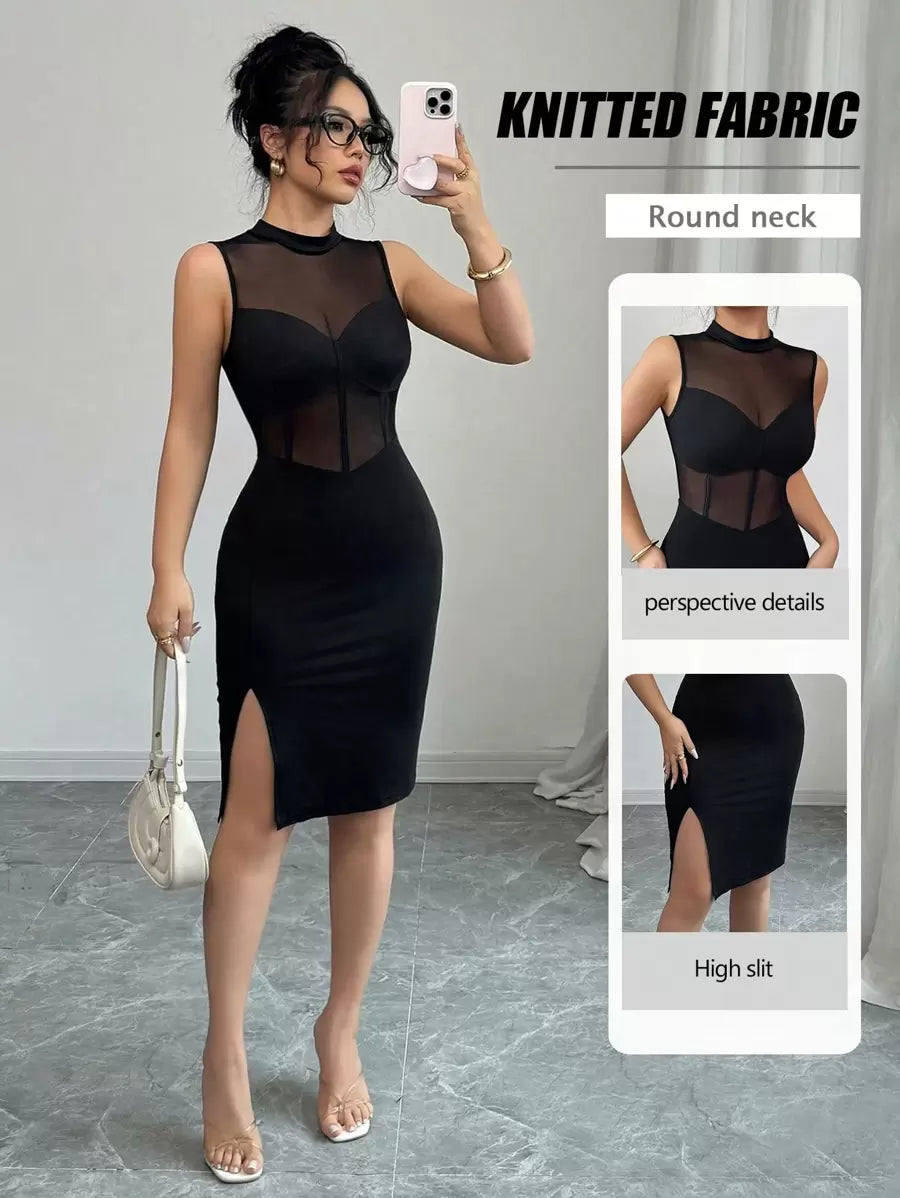 SHEIN Elenzga فستان اسود بياقة عالية مع شبك متداخل