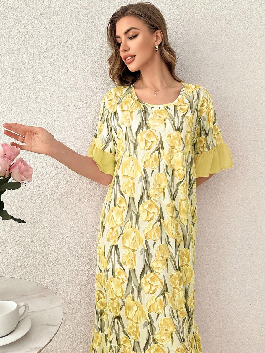 SHEIN فستان نوم طويل مطبوع بنقوش الأزهار