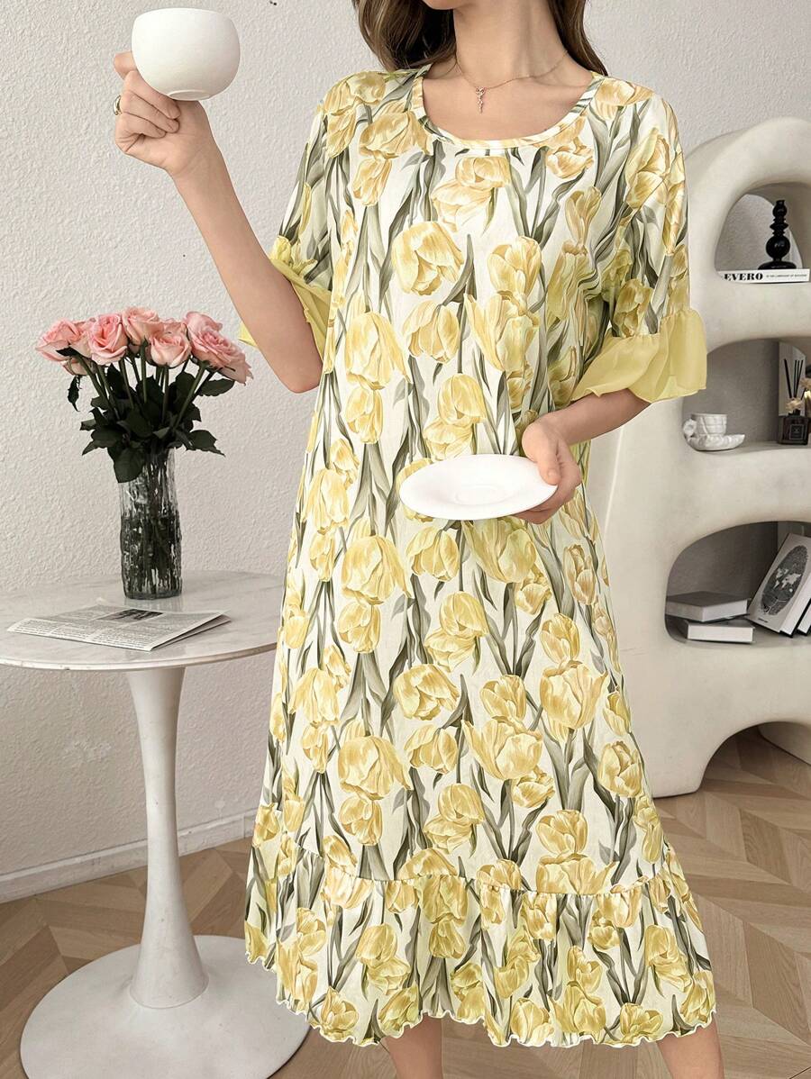 SHEIN فستان نوم طويل مطبوع بنقوش الأزهار