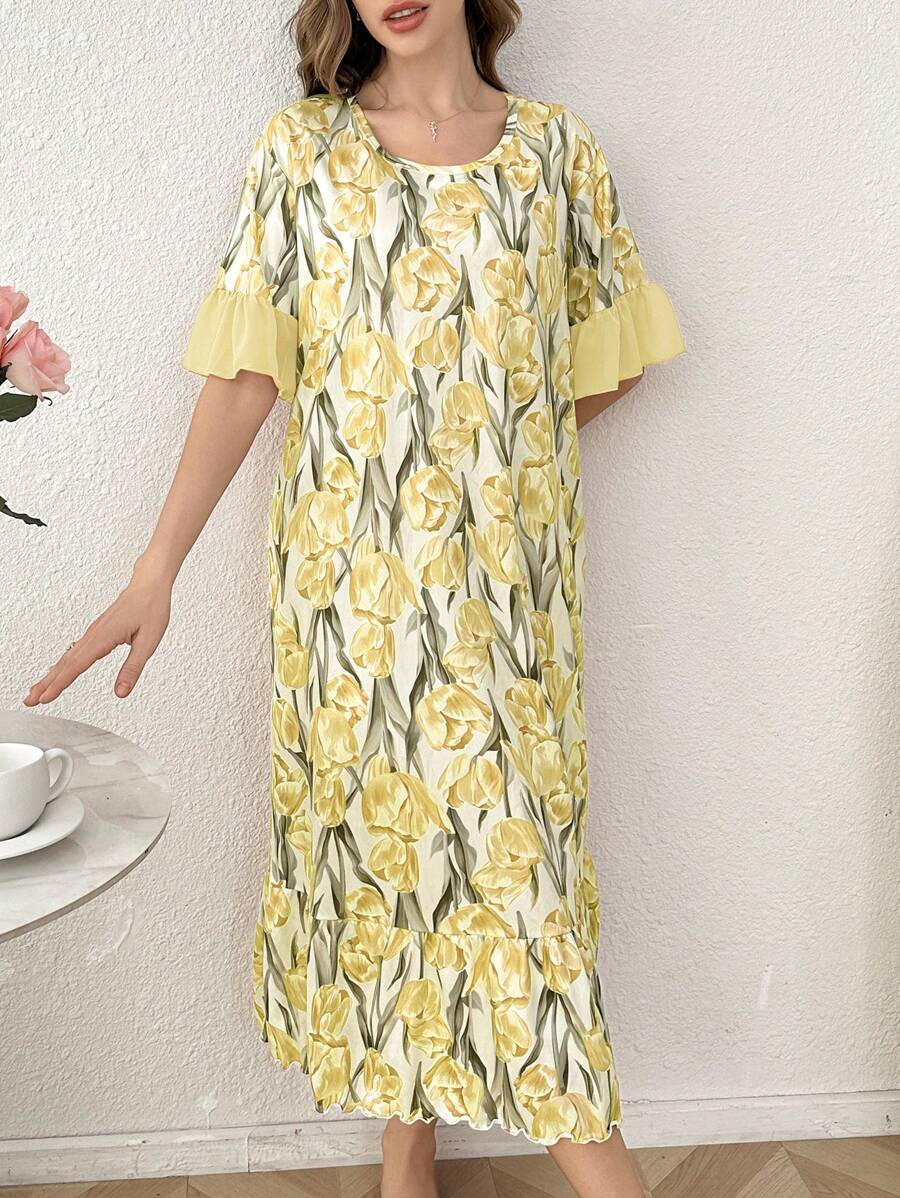 SHEIN فستان نوم طويل مطبوع بنقوش الأزهار