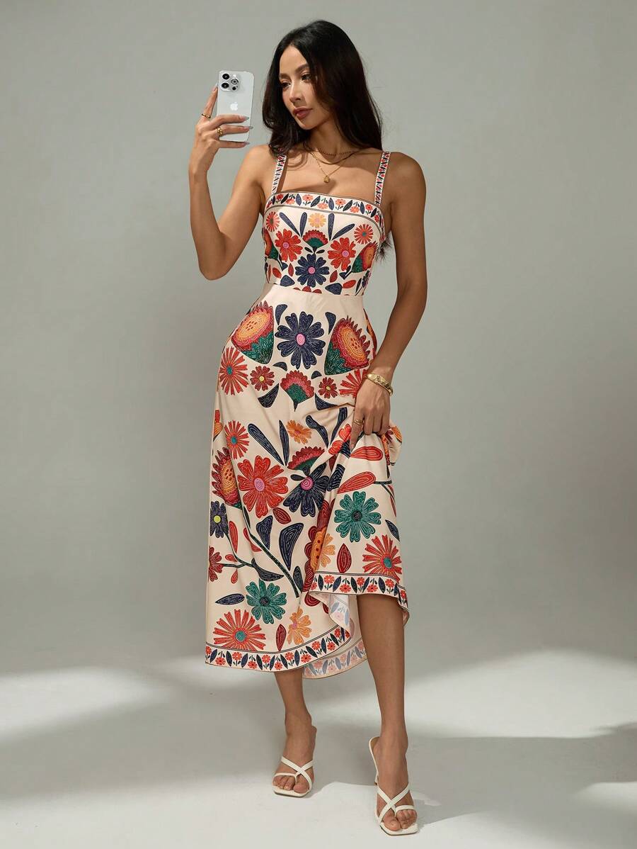 SHEIN PETITE فستان كاجوال بخصر مجمع وبطبعات زهرية