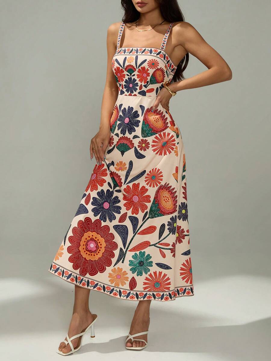SHEIN PETITE فستان كاجوال بخصر مجمع وبطبعات زهرية