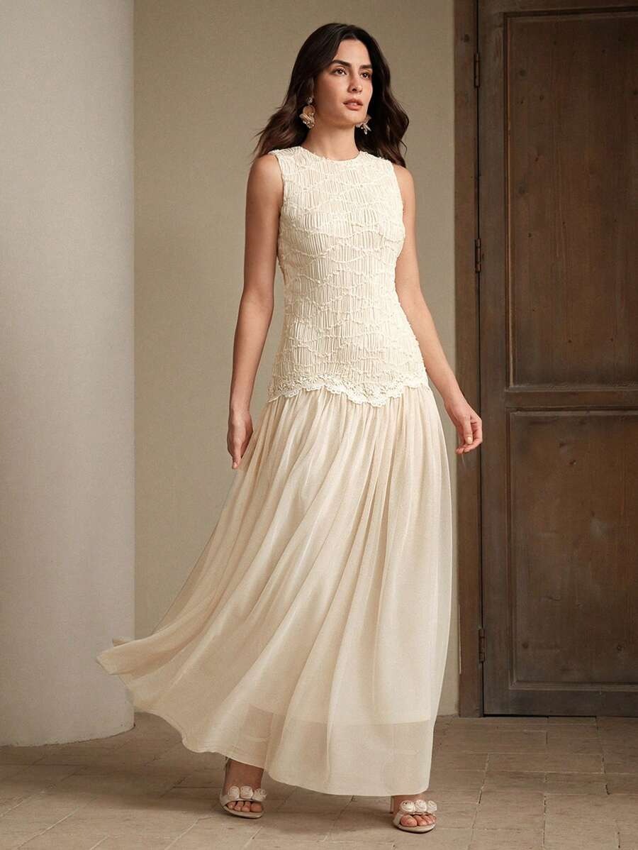 SHEIN Anewsta فستان نسائي ماكسي طويل بلون مشمشي