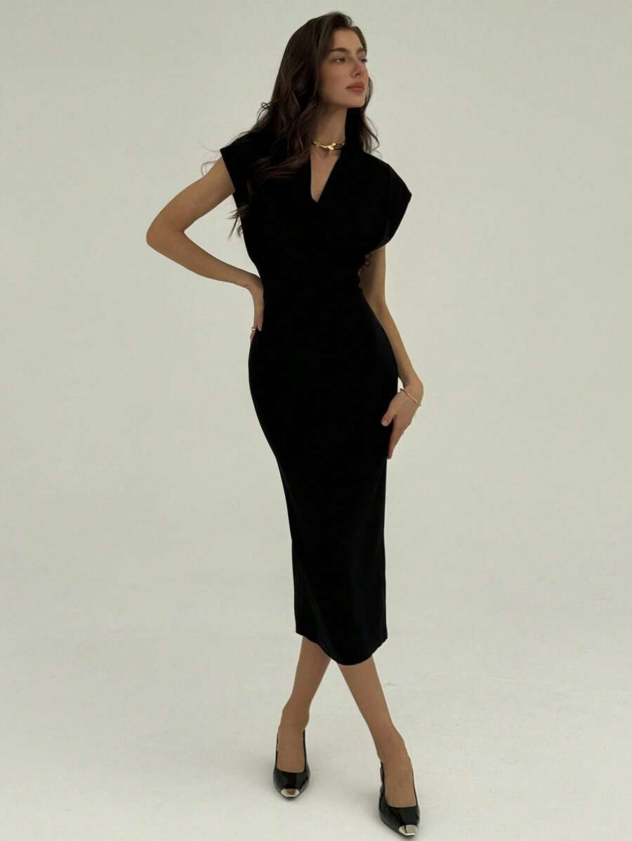 SHEIN Aloruh فستان اسود متوسط الطول بأكمام دولمان وياقة