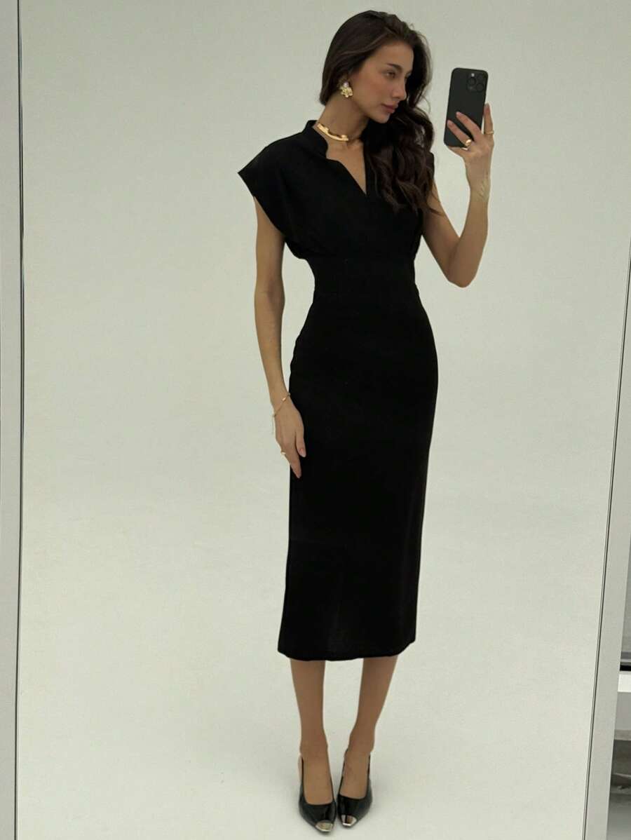 SHEIN Aloruh فستان اسود متوسط الطول بأكمام دولمان وياقة