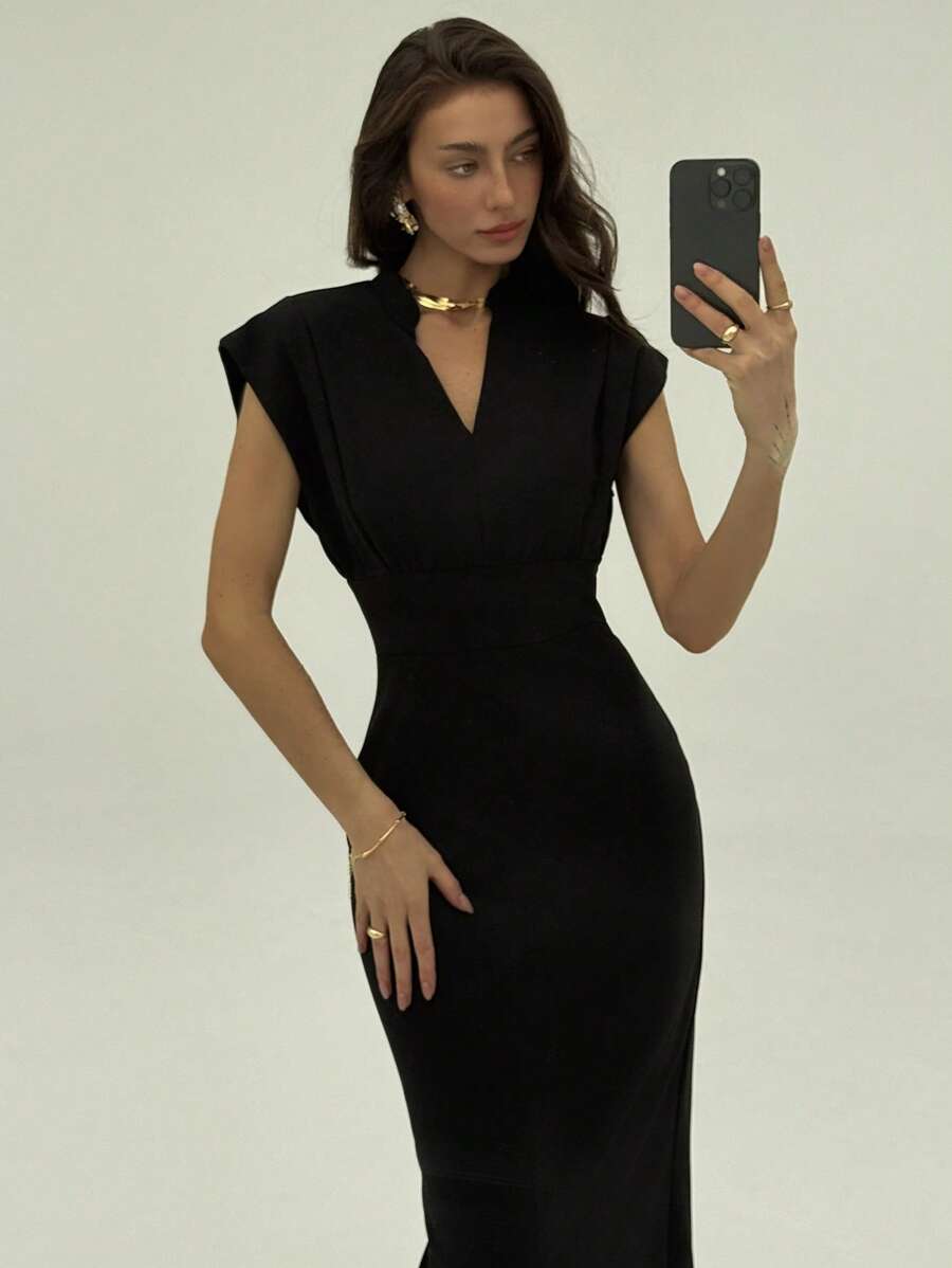 SHEIN Aloruh فستان اسود متوسط الطول بأكمام دولمان وياقة
