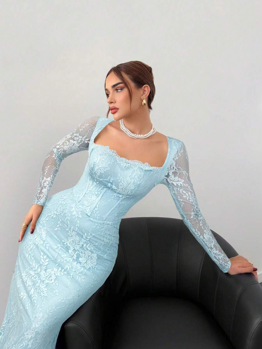 SHENI Aloruh فستان ازرق دانتيل طويل