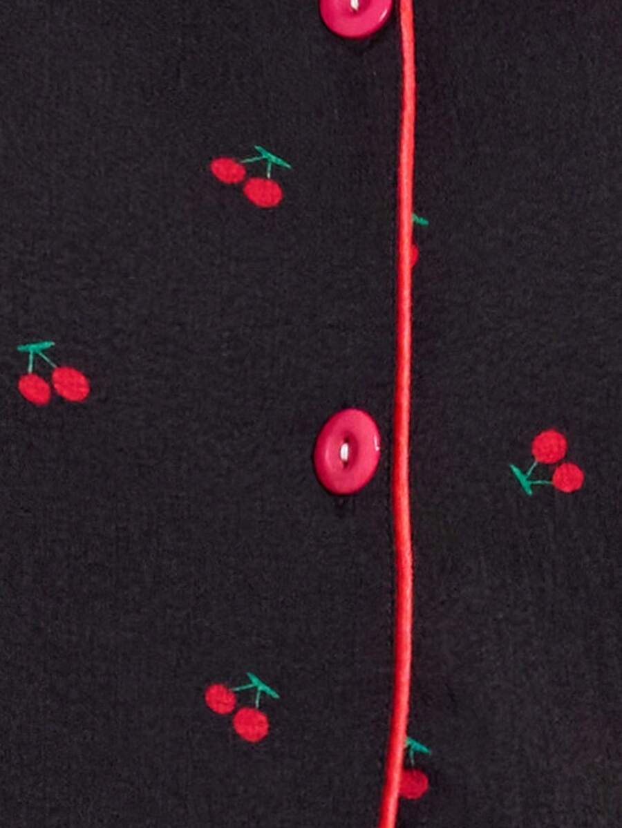 SHEIN CottageSlumber بيجامة سوداء كاجوال مطبوعة بالكرز