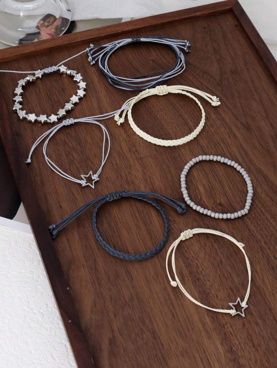 SHEIN طقم 7 أساور خرز بوهيمي متعددة الطبقات مزينة بالنجوم