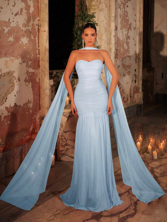 SHEIN Glamrae فستان سهرة أزرق سماوي أنيق رقيق
