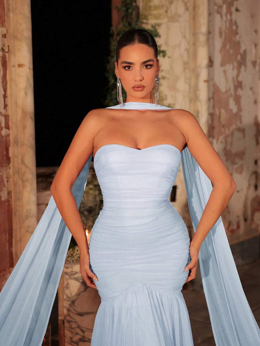 SHEIN Glamrae فستان سهرة أزرق سماوي أنيق رقيق