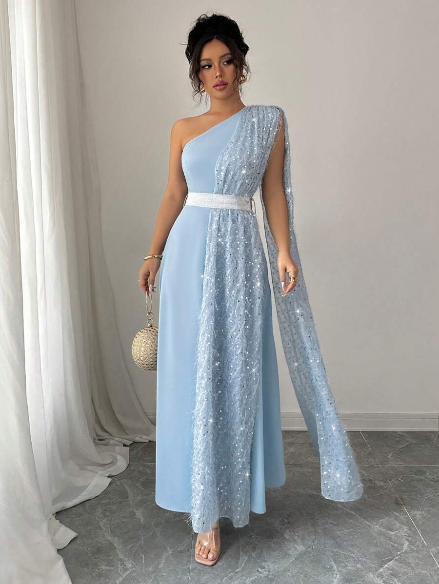 SHEIN Rafferiza فستان أزرق بخصر مطاطي وزينة ريش