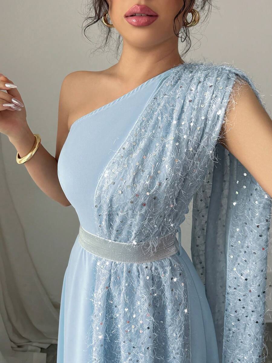 SHEIN Rafferiza فستان أزرق بخصر مطاطي وزينة ريش