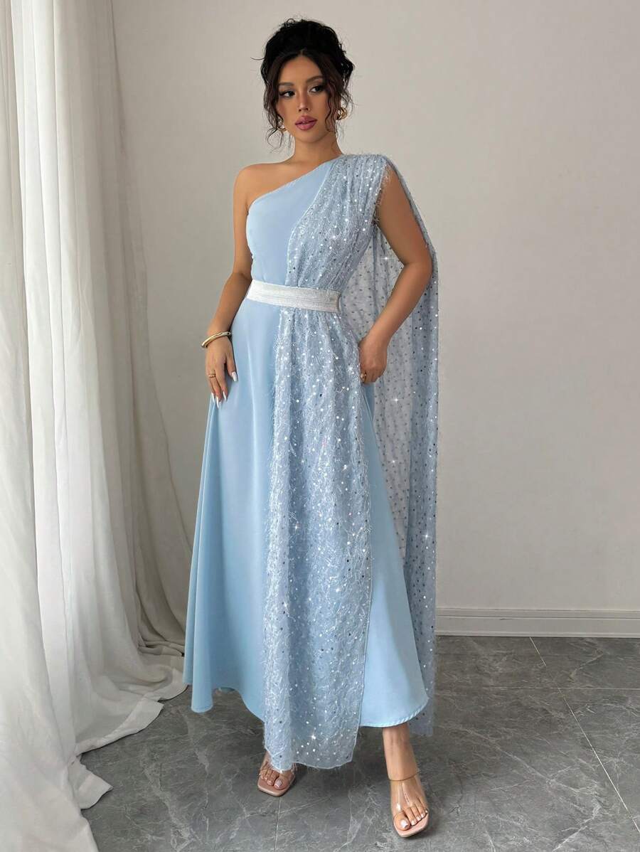SHEIN Rafferiza فستان أزرق بخصر مطاطي وزينة ريش