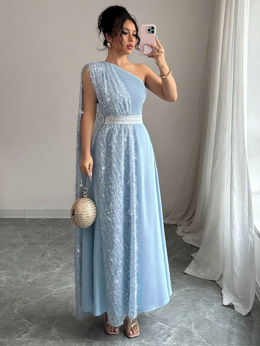 SHEIN Rafferiza فستان أزرق بخصر مطاطي وزينة ريش
