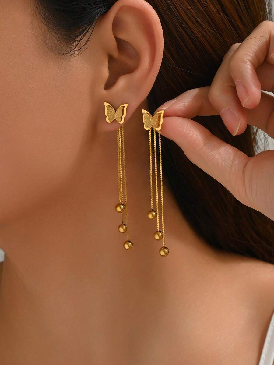 SHEIN زوج أقراط فراشة ستانلس ستيل باللون الذهبي