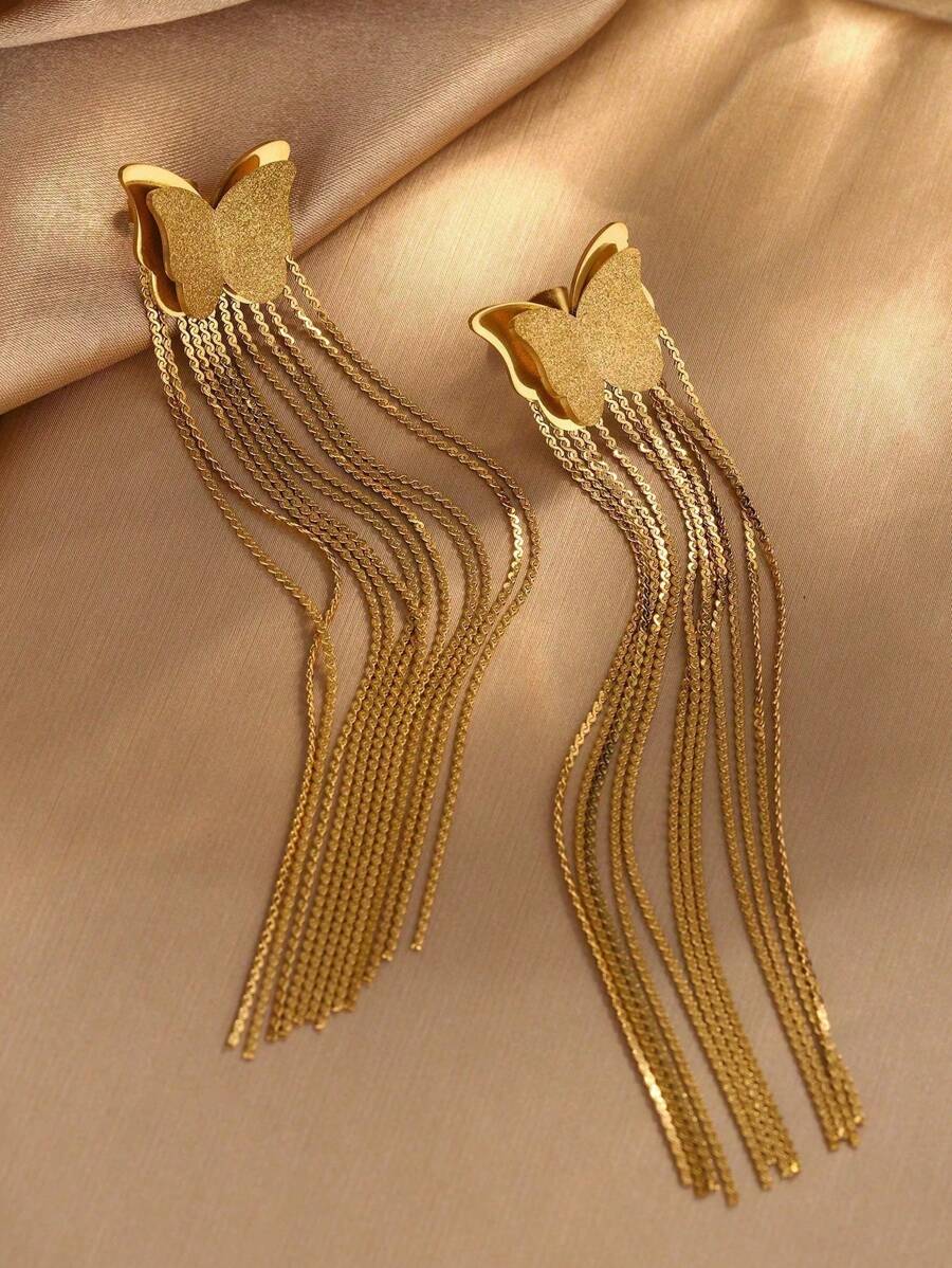 SHEIN زوج أقراط فراشة ستانلس ستيل باللون الذهبي