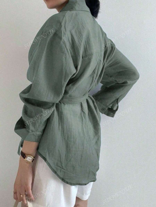 SHEIN قميص بسيط ذو لون واحد مرتخي للكتف ملفوف ومربوط